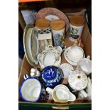 A BOX CONTAINING LOOSE CERAMICS, to include a Minton 'Meadow' tea set , six cups, saucers, tea
