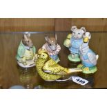 A ROYAL CROWN DERBY 'CANARY' PAPERWEIGHT AND FOUR ROYAL ALBERT BEATRIX POTTER CHARACTER FIGURES, the