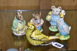 A ROYAL CROWN DERBY 'CANARY' PAPERWEIGHT AND FOUR ROYAL ALBERT BEATRIX POTTER CHARACTER FIGURES, the