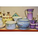 A QUANTITY OF JARDINIERES, JUGS AND VASES, including a blue Royal Doulton jardiniere (cracked base),