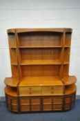 A MID-CENTURY NATHAN TEAK THREE SECTION WALL CABINETS, overall length 192cm x depth 45cm x height