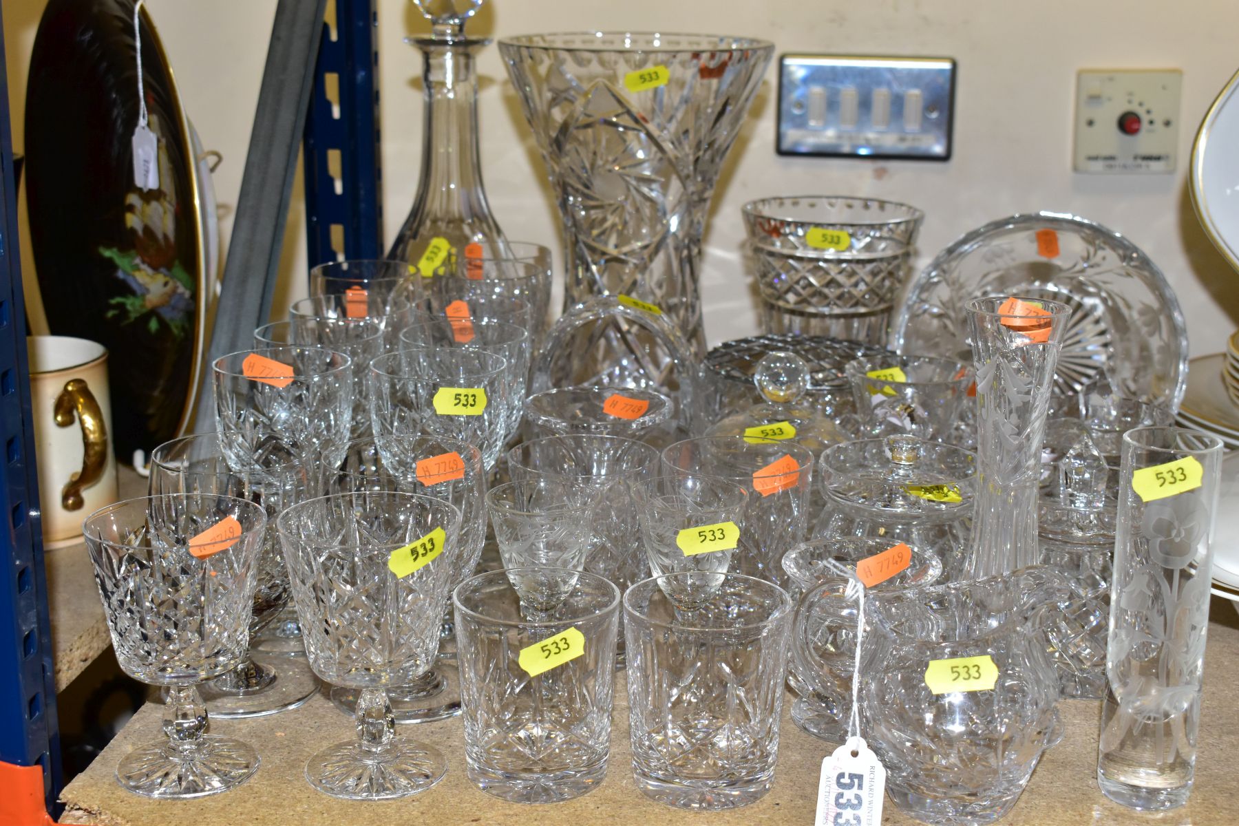 A GROUP OF CUT CRYSTAL AND OTHER GLASS WARES, to include a decanter complete with stopper, a