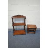 AN OLD CHARM OAK THREE TIER WHAT NOT, width 61cm x depth 33cm 91cm and a storage box, containing