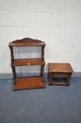 AN OLD CHARM OAK THREE TIER WHAT NOT, width 61cm x depth 33cm 91cm and a storage box, containing