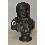 A 20TH CENTURY WEDGWOOD BLACK BASALT BUST OF CHAUCER, on a socle base, impressed marks to both