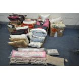 A LARGE SELECTION OF CUSHIONS, of various styles, colours and sizes, to include three draft