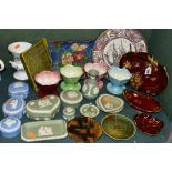 A GROUP OF CERAMICS, to include a Poole Pottery olive green relief moulded tray of fairy tale