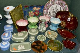 A GROUP OF CERAMICS, to include a Poole Pottery olive green relief moulded tray of fairy tale