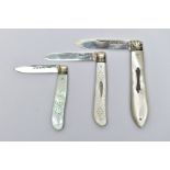 THREE SILVER FRUIT KNIVES, three silver bladed fruit knives with mother of pearl handles, the