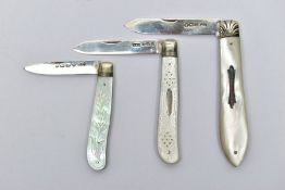 THREE SILVER FRUIT KNIVES, three silver bladed fruit knives with mother of pearl handles, the