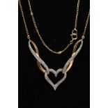 A 9CT GOLD DIAMOND NECKLACE, a modern bi colour festoon style necklace detailing an open heart and