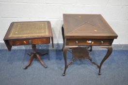 AN EDWARDIAN MAHOGANY AND INLAID ENVELOPE CARD TABLE, enclosing a green baize playing surface,