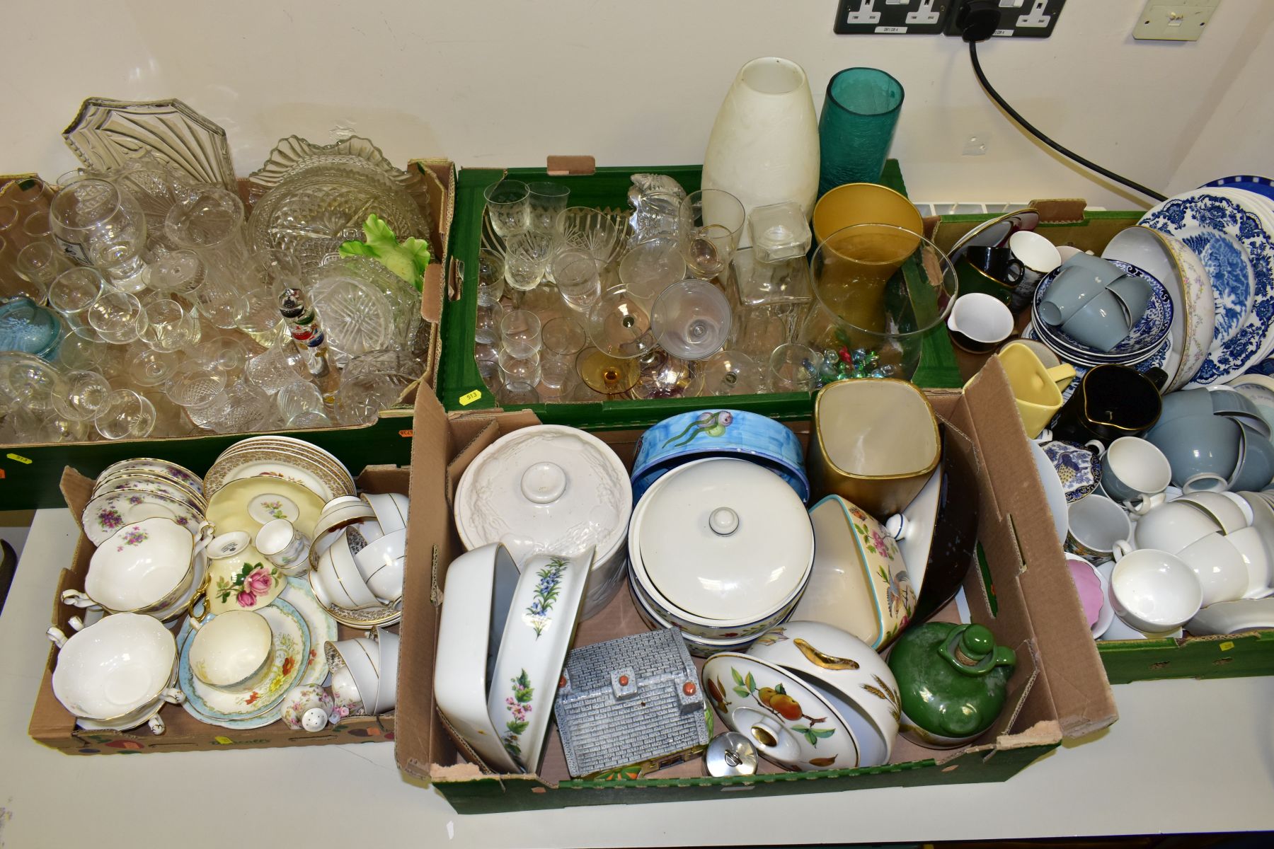 FIVE BOXES OF CERAMICS AND GLASSWARES, to include four Royal Albert Violetta soup bowls and saucers,