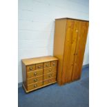 A MODERN PINE TWO DOOR WARDROBE, width 86cm x depth 55cm x height 186cm, and a pine chest of ten