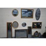 TEN VARIOUS WALL MIRRORS, of various styles, sizes and materials