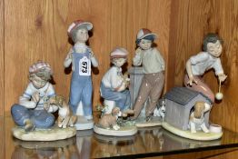 FIVE LLADRO FIGURES, comprising boxed Boy from Madrid No4898, designed by Francisco Catala 1974,
