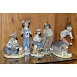 FIVE LLADRO FIGURES, comprising boxed Boy from Madrid No4898, designed by Francisco Catala 1974,