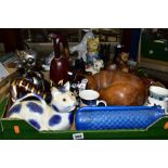 TWO BOXES OF CAT ORNAMENTS AND OTHER CAT THEMED ITEMS, to include a limited edition sculpture of a