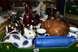 TWO BOXES OF CAT ORNAMENTS AND OTHER CAT THEMED ITEMS, to include a limited edition sculpture of a