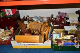 SIX BOXES CONTAINING A MIXTURE OF ORNAMENTS, board games, photo frames, dolls, soft toys and plant