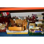 SIX BOXES CONTAINING A MIXTURE OF ORNAMENTS, board games, photo frames, dolls, soft toys and plant