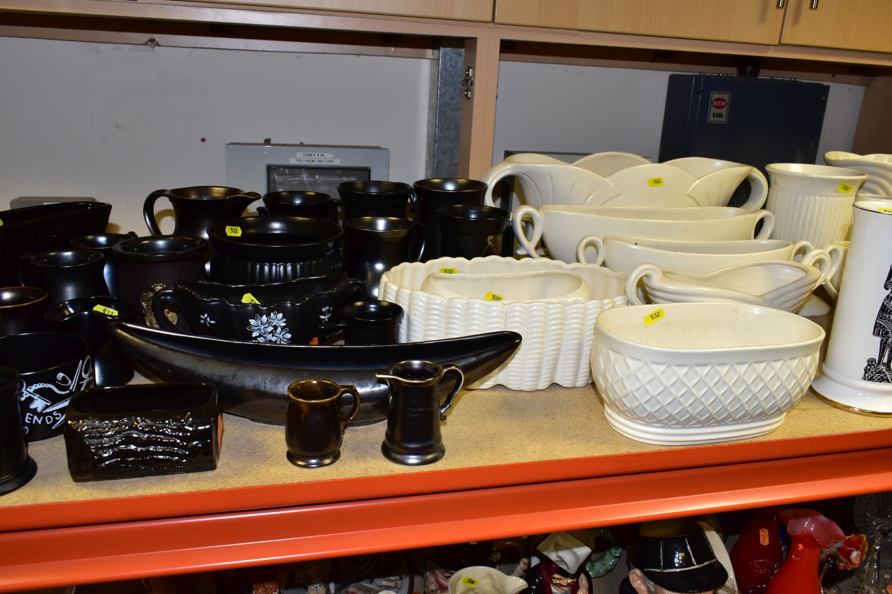 A QUANTITY OF SYLVAC POTTERY, comprising twenty one black and pewter effect tankards, household