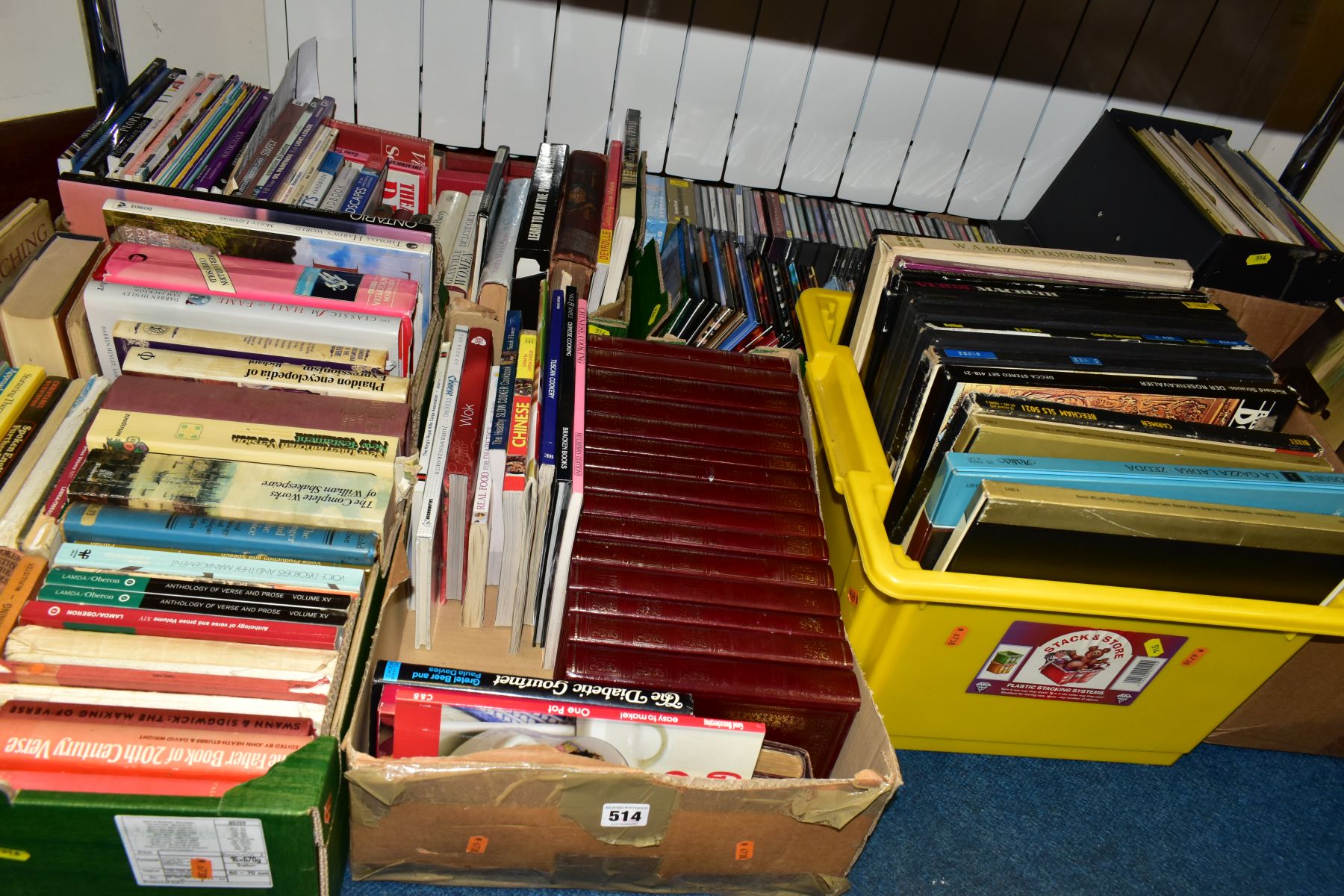 SEVEN BOXES OF BOOKS, RECORDS AND CDs, to include approximately one hundred and twenty books, titles