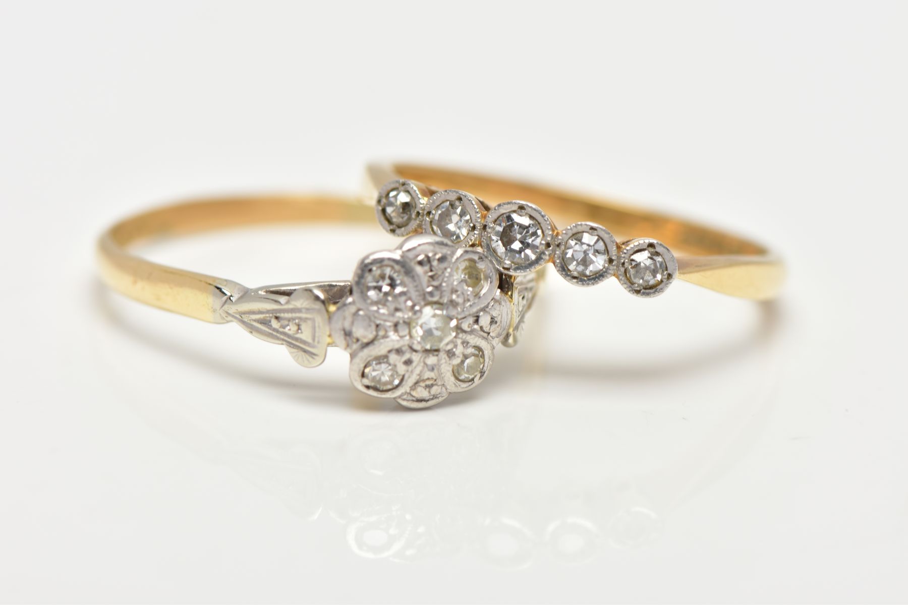 TWO DIAMOND RINGS, the first a white metal floral detailed head set with five single cut diamonds, - Image 2 of 3