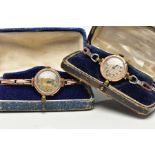 TWO 9CT GOLD LADIES WRISTWATCHES, the first a hand wound movement, patterned dial, Roman numerals,