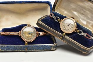 TWO 9CT GOLD LADIES WRISTWATCHES, the first a hand wound movement, patterned dial, Roman numerals,