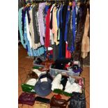 A QUANTITY OF LADIES CLOTHING AND HANDBAGS IN FOUR BOXES AND LOOSE, including a squirrel fur cape