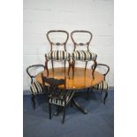 A SET OF FOUR VICTORIAN ROSEWOOD BALLOON BACK CHAIRS, with stripped upholstery (condition:-one chair