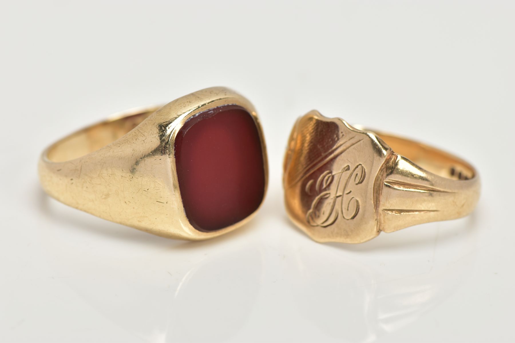 TWO 9CT GOLD SIGNET RINGS, the first set with a square cut carnelian, leading onto a tapered - Image 4 of 4