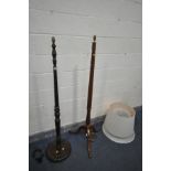 A MAHOGANY TRIPOD STANDARD LAMP, and another standard lamp, both with shade but no shade fittings (