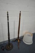 A MAHOGANY TRIPOD STANDARD LAMP, and another standard lamp, both with shade but no shade fittings (