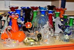 A QUANTITY OF COLOURED GLASSWARE AND CRYSTAL FIGURES, to include twenty one art glass, coloured