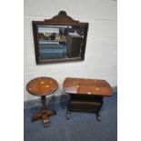 AN OLD CHARM OAK MAGAZINE RACK, an oak circular pedestal occasional table, and a wall mirror (3) (