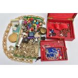 A BOX OF ASSORTED ITEMS, to include a red box with costume jewellery, small wooden figurines, beaded