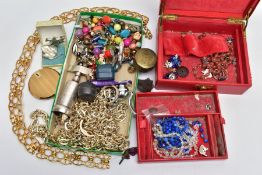 A BOX OF ASSORTED ITEMS, to include a red box with costume jewellery, small wooden figurines, beaded