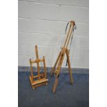 A DALER ROWNEY BEECH ARTISTS EASEL, and a table top artist easel (2)