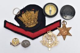 A SELECTION OF SILVER AND YELLOW METAL MAINLY MILITARY ITEMS, to include a yellow metal doubled