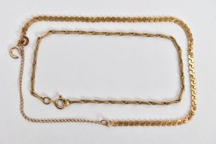 TWO 9CT GOLD BRACELETS, the first an 'S' link chain bracelet fitted with an AF spring clasp