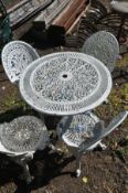 A WHITE PAINTED ALUMINIUM GARDEN TABLE, diameter 80cm x height 69cm and four chairs (5) (