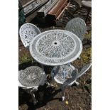 A WHITE PAINTED ALUMINIUM GARDEN TABLE, diameter 80cm x height 69cm and four chairs (5) (