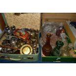 FOUR BOXES AND ONE SUITCASE OF GLASSWARE, CERAMICS AND METALWARE, to include boxed cutlery sets, a