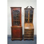 A REPRODUCTION YEW WOOD BUREAU BOOKCASE, width 54cm x depth 41cm x height 190cm, along with a