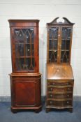 A REPRODUCTION YEW WOOD BUREAU BOOKCASE, width 54cm x depth 41cm x height 190cm, along with a