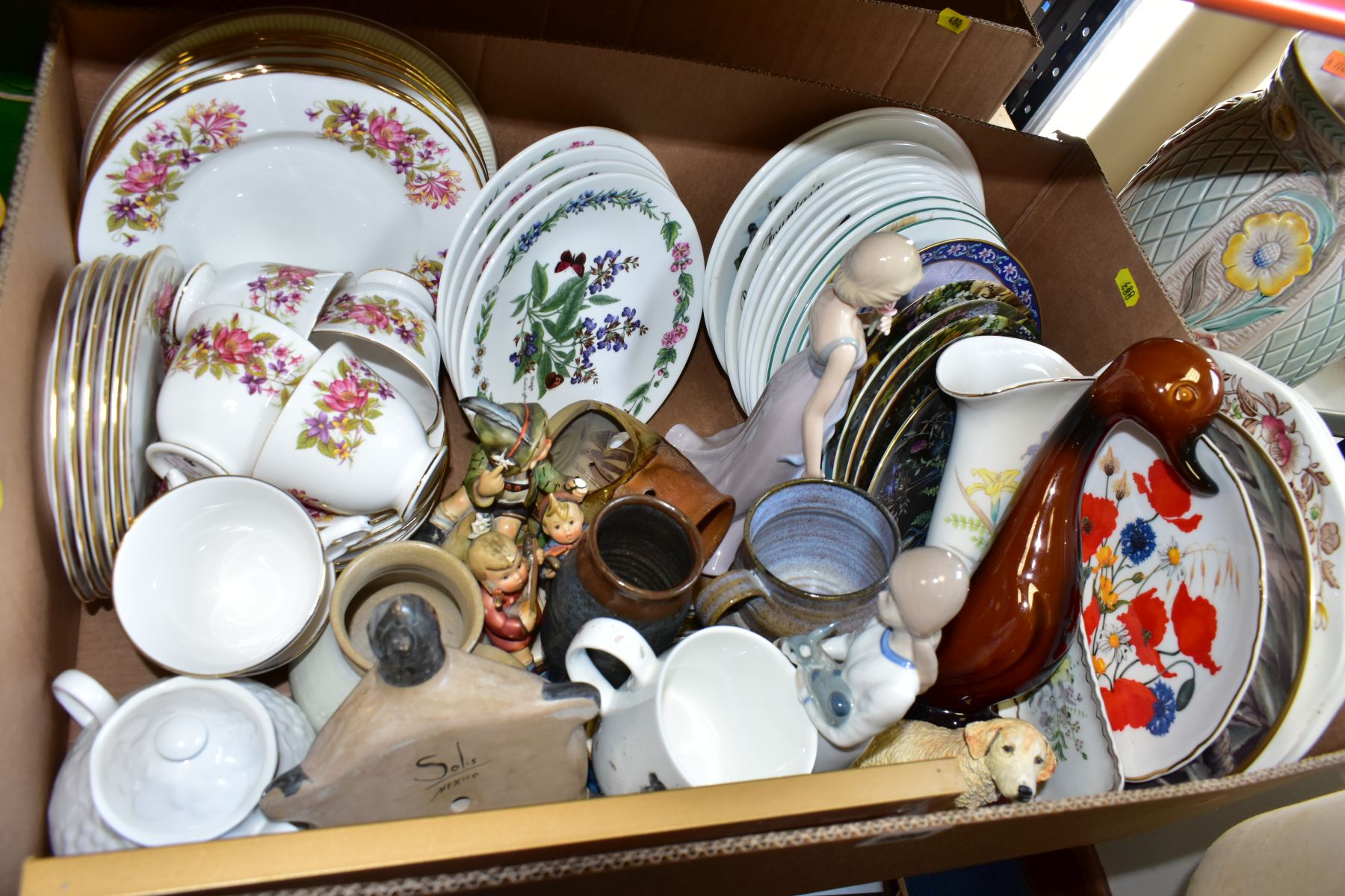 TWO BOXES CONTAINING MIXED CERAMICS AND GLASSWARE, including a floral Colclough tea set of six cups,