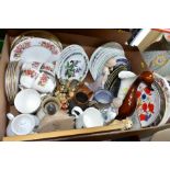 TWO BOXES CONTAINING MIXED CERAMICS AND GLASSWARE, including a floral Colclough tea set of six cups,