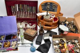 A BOX OF MISCELLANEOUS ITEMS, to include a multi storage wooden jewellery box, a mirror jewellery